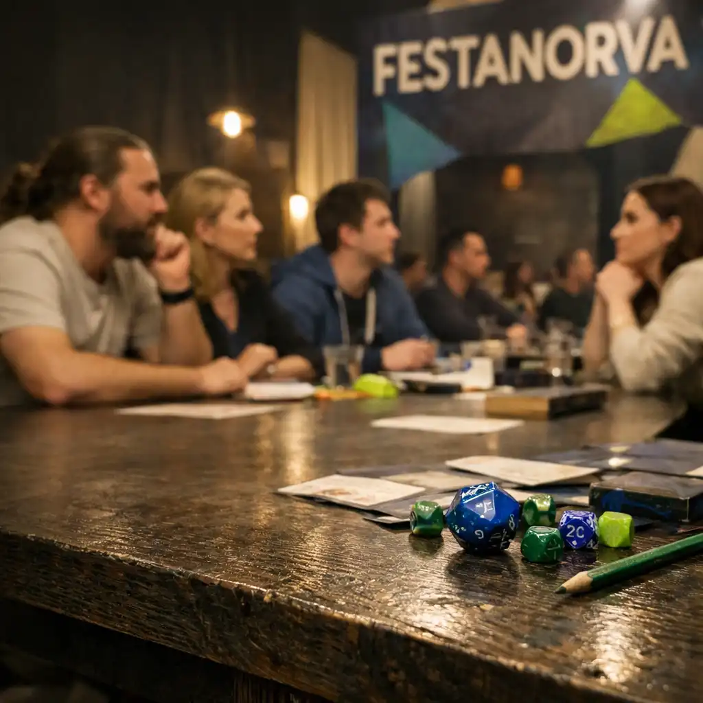 Dorośli uczestnicy spotkania Festanorva przy stole w fizycznym venue