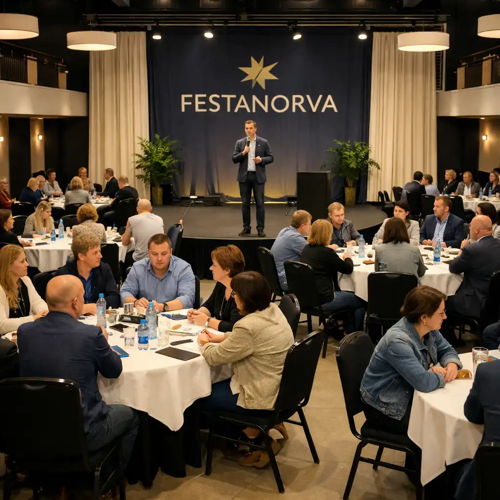 Szeroka sala Festanorva podczas wydarzenia z gośćmi przy stołach