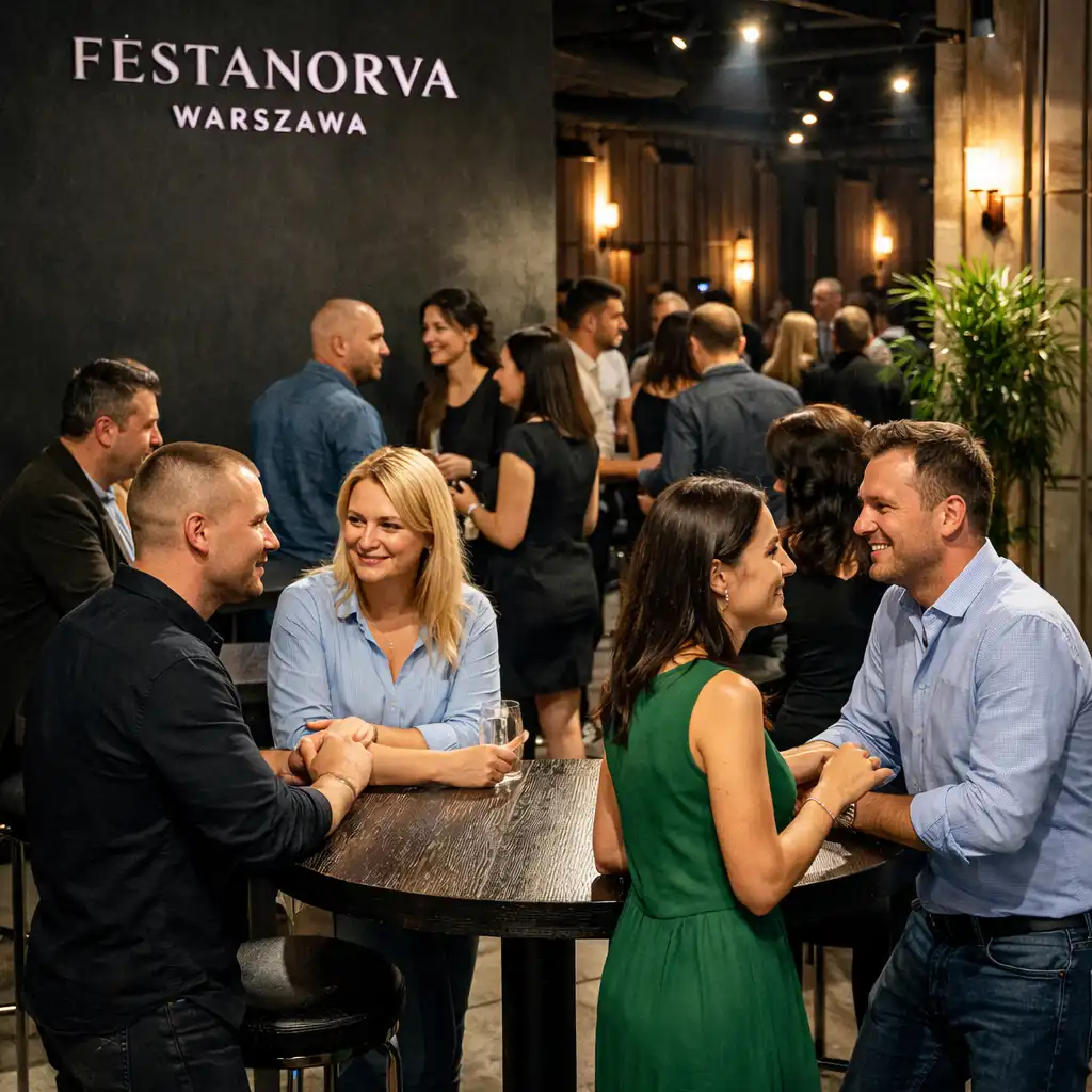 Dorośli goście rozmawiają przy stołach podczas prywatnej uroczystości w fizycznym venue Festanorva