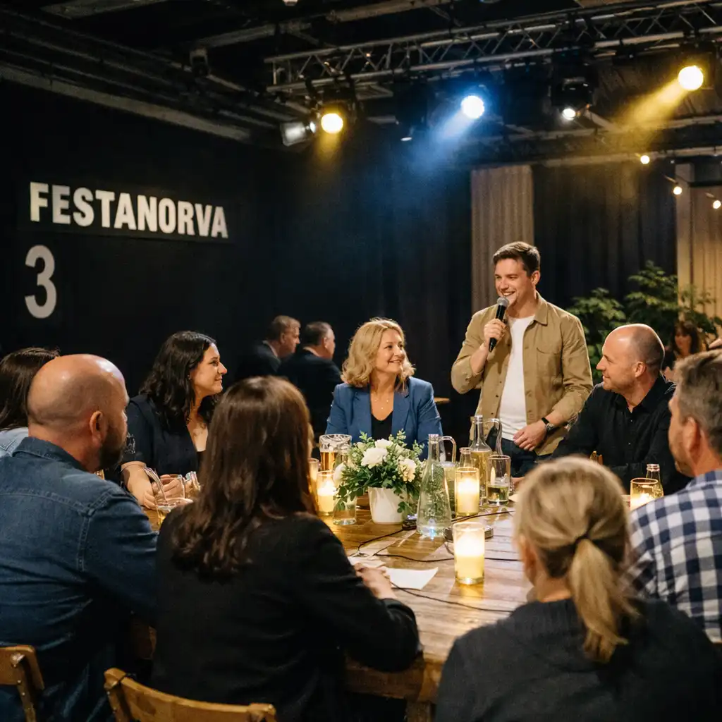 Dorośli goście zgromadzeni przy wspólnym stole podczas wydarzenia Festanorva