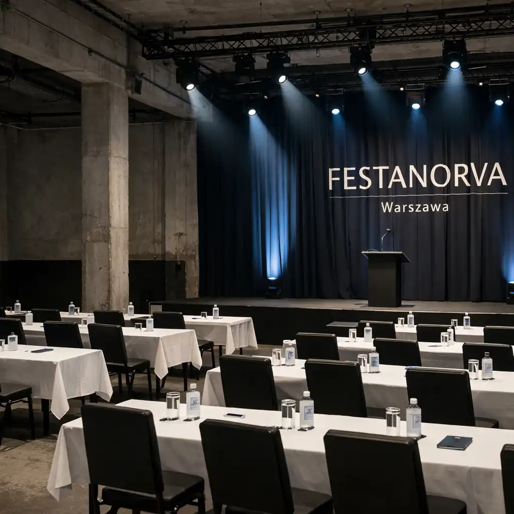 Szerokie wnętrze fizycznego venue Festanorva z przygotowanymi stołami